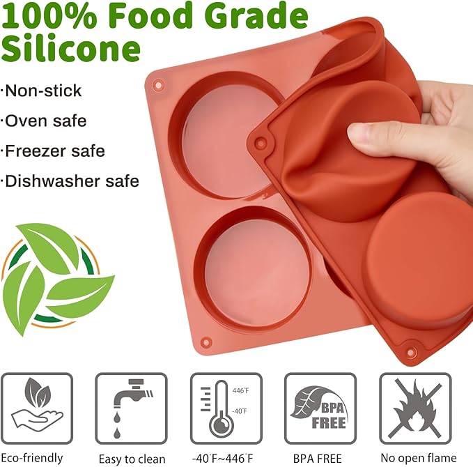 JOERSH Silicone Egg Bite Molds, 3 Inch, 2 Pack | Frittata Baking Pans, Non Stick, Round Silicone Molds, For Egg Breakfast Sandwich, English Muffin, Cheesecake, Dinner Rolls