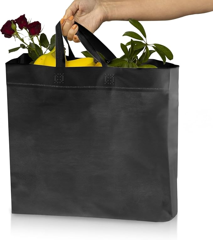 Simply Cool 200 Pack Reusable Grocery Bags, Medium Tote Bags Bulk, Black | 12.6"x6.3"x11.8" Heavy Duty Non-woven Custom Shopping Bags with Handles, Foldable, Washable for Retail and Commercial use