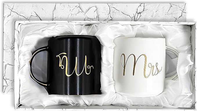 Cheardia 12 oz / 360 ml Mr. and Mrs. Mug, Ceramic Coffee Couple Mug Set | His and Hers Mugs for Bride and Groom, Anniversary, Valentines, Bridal Shower, Engagement Gifts, Black & White