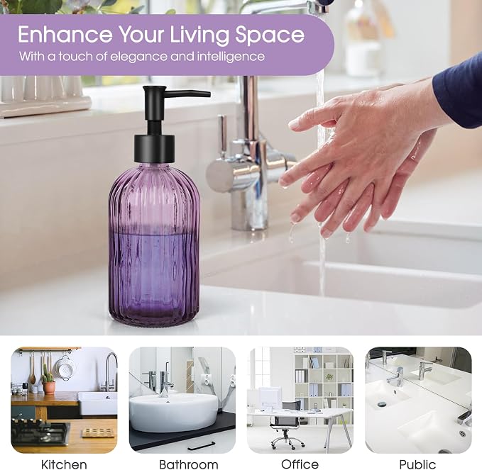 Topsky Stripe Glass Soap Dispenser with Black Plastic Pump, 400ml Liquid Hand Soap Dispenser, Rustproof Pump for Kitchen & Bathroom, Great for Lotions, Essential Oil, Liquid Soaps-Purple