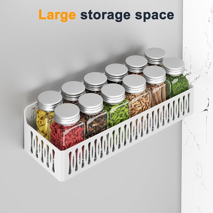 4-Pack Magnetic Spice Rack for Refrigerator with Hooks, White | Strong multipurpose magnetic shelf for kitchen & bathroom organization. Includes 4 removable hooks for hanging items.