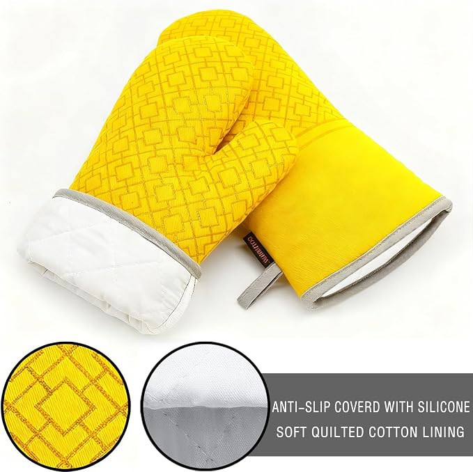 Oven Mitts and Pot Holders Sets 6pcs, Kitchen Oven Glove,High Heat Resistant 550 Degree Extra Long Oven Mitts and Potholders with Non-Slip Silicone Surface for Home Essentials (Grey) (Yellow)