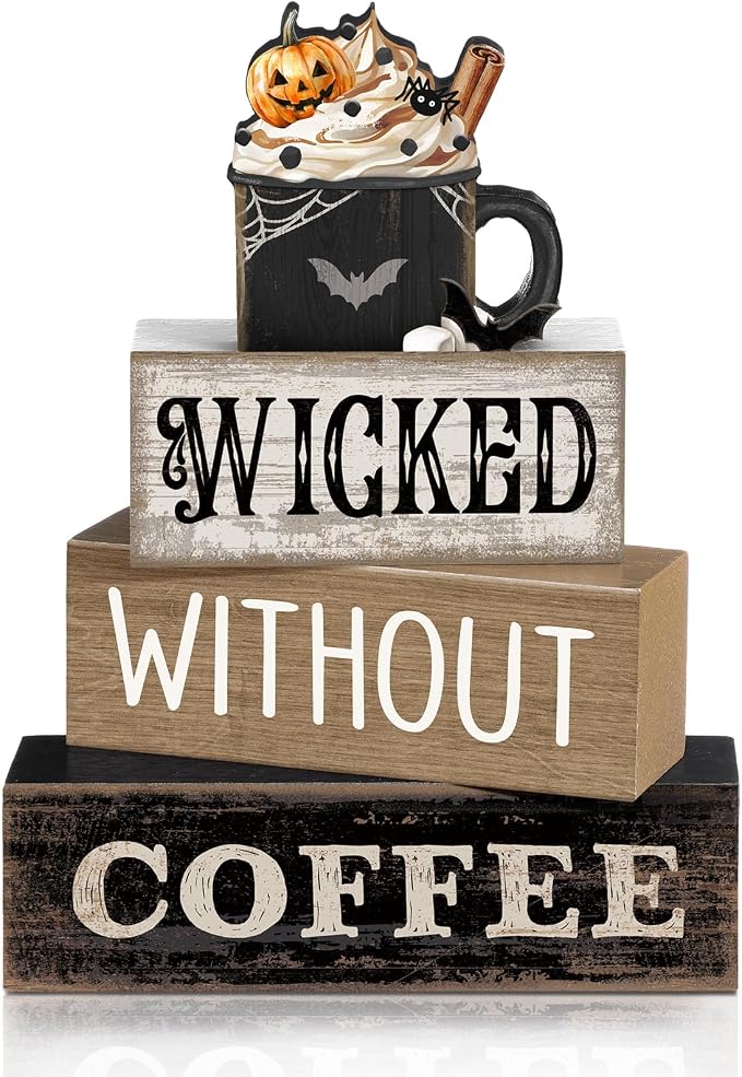 Lineshading 4 Pcs Halloween Coffee Table Decor, Gothic Black Wood Sign Home | Gothic Black Mug with Pumpkin Spider, Halloween Coffee Bar Centerpiece, Rustic Wood Stacked Sign, Holiday Kitchen Shelf Decor