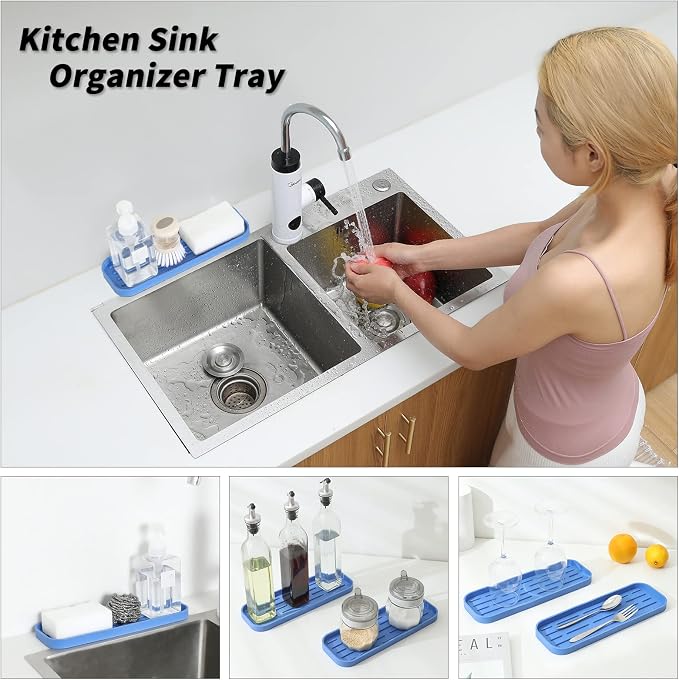 MicoYang Silicone Kitchen Sink Organizer Tray for Multiple Usage,Eco-Friendly Sponges Holder for Kitchen Bathroom Counter or Sink,Dish Soap Dispenser,Scrubber,Bottle,Cup (Lichen Blue, 12"×4")