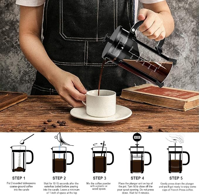 QUQIYSO French Press 34oz, Stainless Steel and Thickened Glass Coffee Maker | 4 Filter Heat-Resistant Borosilicate Glass Coffee Press, Easy to Clean, Suitable for Kitchen Party Camping Gifts(Black)
