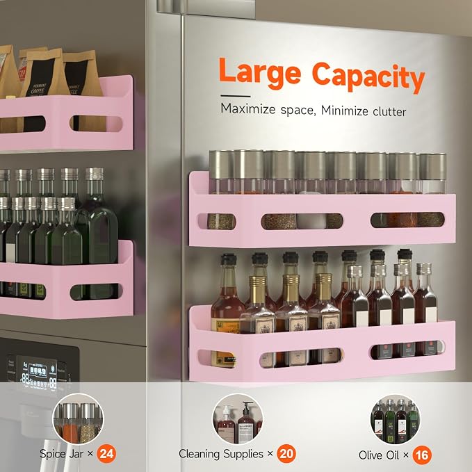 4-Pack Magnetic Spice Rack for Refrigerator with Hooks, Pink | Strong multipurpose magnetic shelf for kitchen & bathroom organization. Includes 4 removable hooks for hanging items.