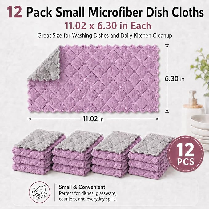 kimteny 12 Pack Dish Cloths for Washing Dishes | Super Absorbent Microfiber Kitchen Dish Rags, Fast Drying Coral Velvet Dish Cloths for Kitchen Counter and Dishes,Purple-Grey