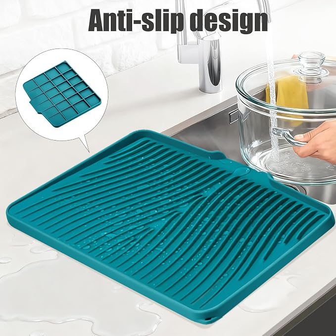 TIKNIK Silicone Dish Drying Mat for Kitchen Counter, Green-1pcs, 20" x 15" | Heat Resistant & Non-Slip Dish Drain Pad with Built-In Drain, Dishwasher Safe, Quick-Dry, Hangable & Roll-Up for Storage