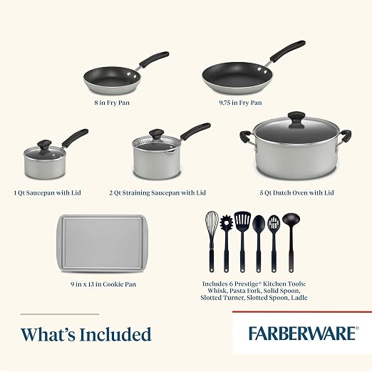 Farberware Cookstart Aluminum DiamondMax Nonstick Cookware Set, Kitchen Essentials, 5 Quarts, Silver