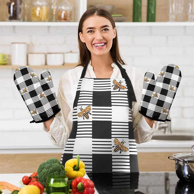 13 Pcs Bee Kitchen Decor Accessories Kitchen Apron Dish Towels Oven Mitts and Pot Holders Cute Wooden Spoons for Bee Festival Farmhouse Home Decoration Housewarming Gifts