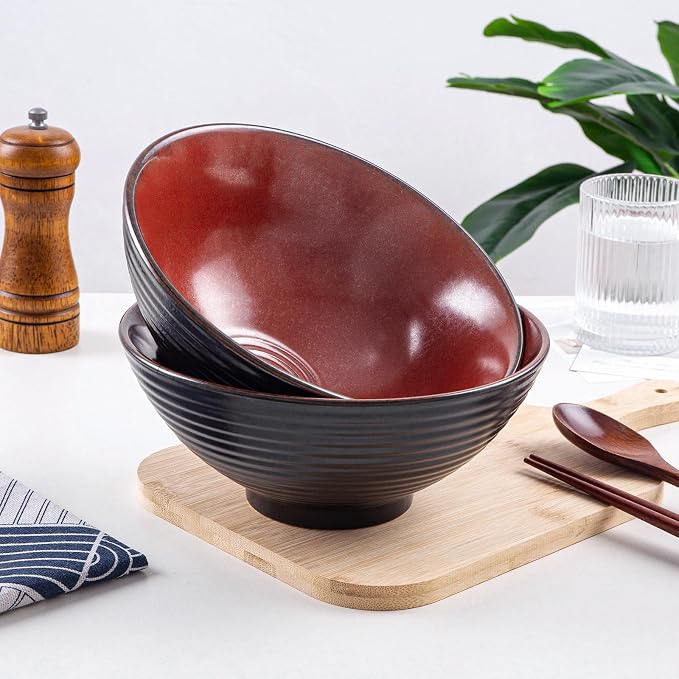 Ceramic Japanese Ramen Bowl Set, 2 Sets Asian Pho Udon Soup Noodle Bowls with Spoons and Chopsticks (Red, 8 inches)