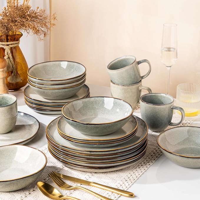 AmorArc Ceramic Dinnerware Sets for 4, 12Pcs Plates and Bowls Sets Dishes | Stoneware Handmade Reactive Glaze Dinner Set, Highly Scratch Resistant | Dishwasher & Microwave Safe Dishware