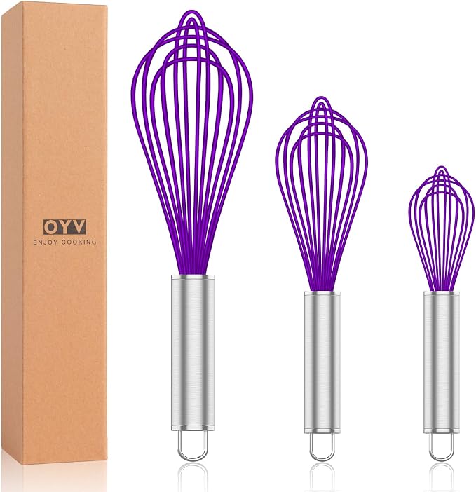 OYV Purple Silicone Whisk Set of 3, 8/10/12 Inch, Non-Scratch | Nonstick-Safe, BPA-Free Silicone, Heat Resistant Up to 480°F, Stainless Steel Core, Dishwasher Safe, Easy to Clean