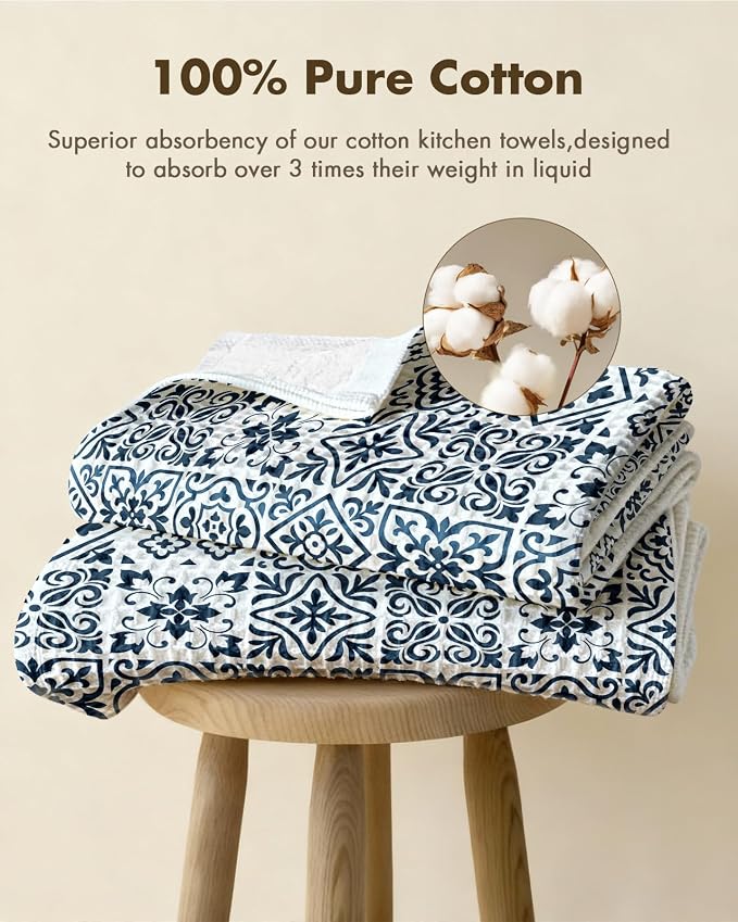 370GSM Cotton Waffle Kitchen Towels, Block Print | Pure Cotton, Sustainable, Waffle Weave, Terry Cloth, Highly Absorbent, Decorative, 16"x25", with Hanging Loop