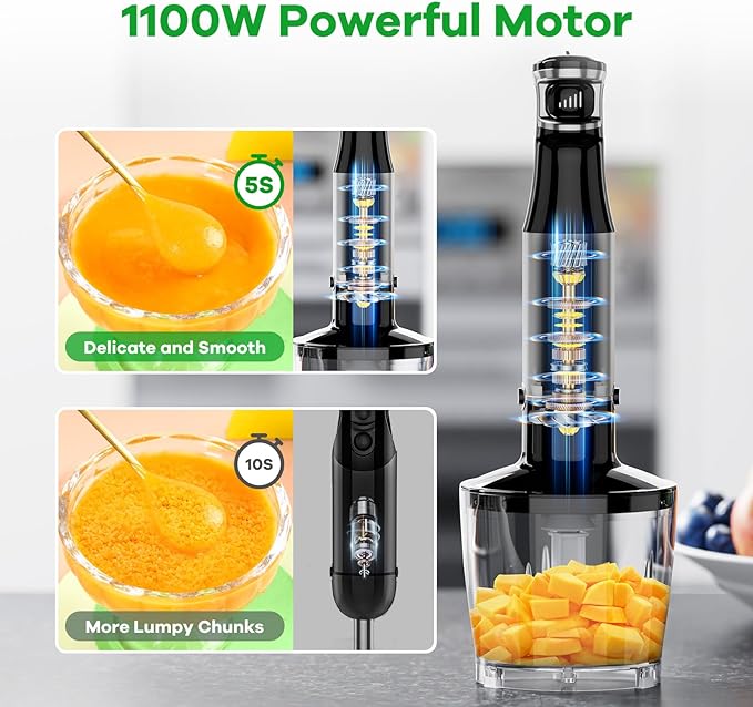Turelar Immersion Blender Handheld Corded, 1100W 5 in 1 Hand Blender Set | Trigger Variable Speed, Emulsion Stick Mixer with Food Processor, Whisk, Frother, for Soup, Puree, Baby Food, Anti-scratch