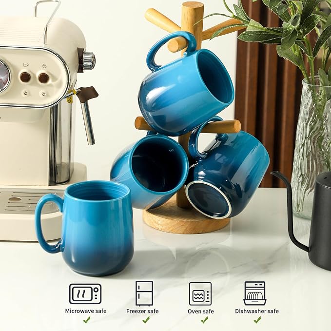 HASENSE 15oz Large Ceramic Mug Set, 4-Piece Blue Ombre Coffee Cups with Handle – Microwave & Dishwasher Safe for Cappuccino Latte Tea, Housewarming Present