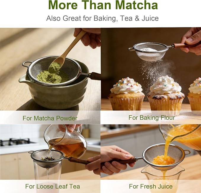 Matcha Sifter Set of 2, Fine Mesh Tea Strainers with Light Wood Handles
