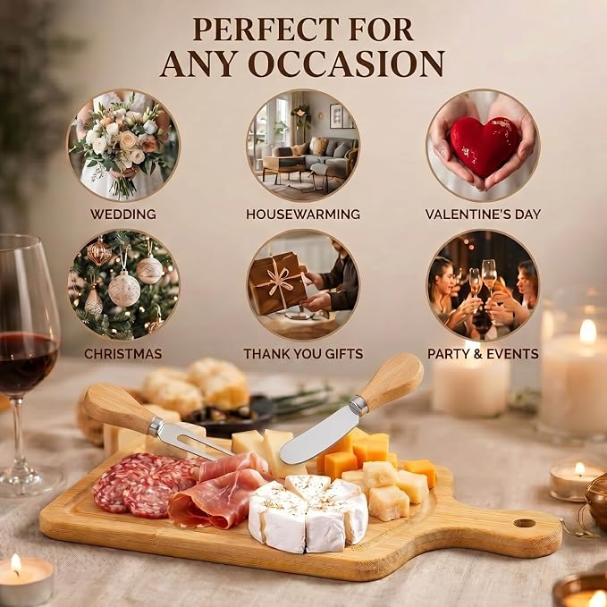 1 Set Bridal Shower Favor Prizes Charcuterie Board,Bamboo Color | Bamboo Cheese Board with Knife Fork Thank You Tag, Gift Box for Guests, Valentines Wedding Baby Shower Party Favors