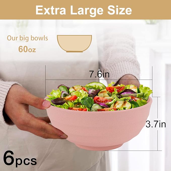 Wrova Wheat Straw Bowls Set 60 OZ Unbreakable Large Cereal Bowls Set of 6 Microwave and Dishwasher Safe Bowls Big Bowls for Dorm and Apartment BPA Free Soup Bowl for Serving Oatmeal and Salad Etc…