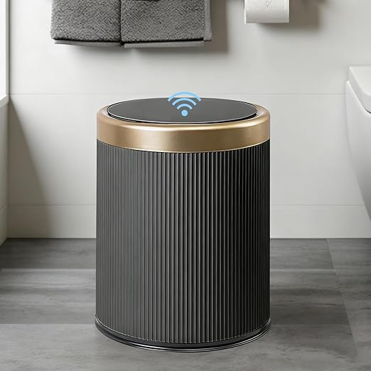 URALFA Bathroom Trash Can Automatic Touchless, Motion Sensor Trash Can | 2.8 Gal Bathroom Garbage Can with Lid, Smart Waterproof Trash Bin for Bedroom, Office, Restroom, Black and Gold