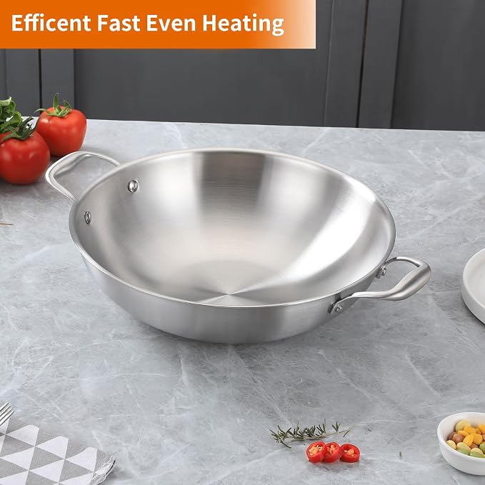 DELARLO Tri-Ply Stainless Steel Flat Bottom Wok, 13 Inch Braiser Pan with Lid, Durable Large Frying pan, Fast Even Heat Saute Pan, Non Toxic Pan for Cooking, Oven Broiler Safe 600F(Not lids)