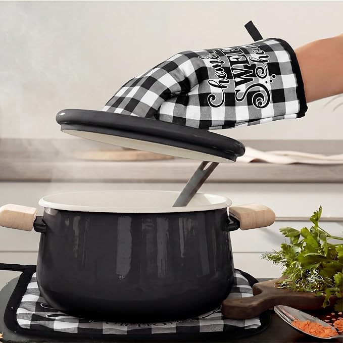 Leinuosen 8 Pcs Black White Plaid Kitchen Towels and Dishcloths Sets Pot Holders and Oven Mitts Sets Absorbent Kitchen Gloves Potholders Heat Resistant for Chef Baking Cooking