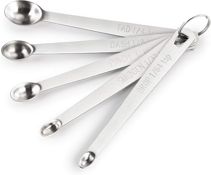 New Star Foodservice 42924 Stainless Steel Mini Measuring Spoons Set, 5-Piece Small Metal Measuring Spoon Set for Spices, Baking, Cooking, Dash, Pinch, Smidgen, Drop, Tad, Silver