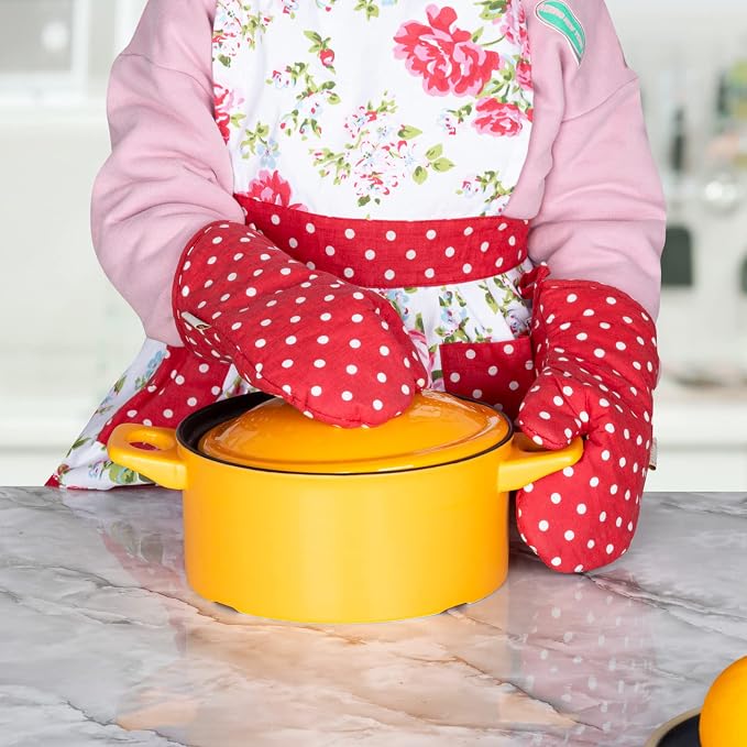 NEOVIVA Kitchen Oven Mitts for Kids,Heat Resistant Cotton Oven Gloves | Set of 2,for Cooking,Baking,Play Kitchen,Farmhouse Restaurant,Polka Dot Red