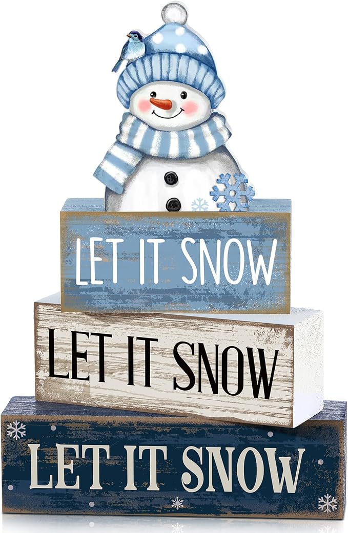 Lineshading 4 Pcs Wooden Snowman Table Decoration, Let It Snow Signs | Rustic Farmhouse Tiered Tray Decor, Christmas Winter Wood Blocks, Tabletop Centerpiece Gift, Snowman Hat Scarf Design