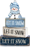 Lineshading 4 Pcs Wooden Snowman Table Decoration, Let It Snow Signs | Rustic Farmhouse Tiered Tray Decor, Christmas Winter Wood Blocks, Tabletop Centerpiece Gift, Snowman Hat Scarf Design