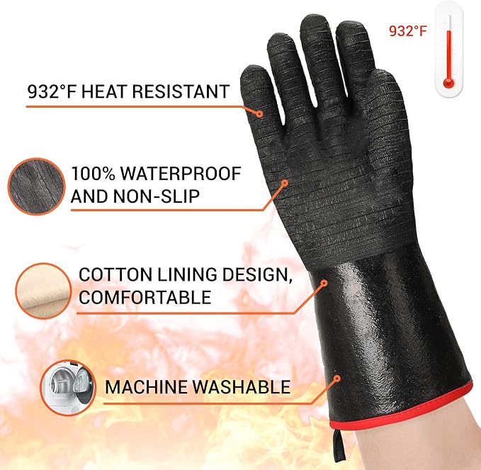 Schwer Heat Resistant BBQ Glove for Oven & Fryer Smoker, CR8000, 14inch | 932°F Thermal Insulation, Waterproof Oil Dirt resistant, Used for Kitchen Cooking Baking
