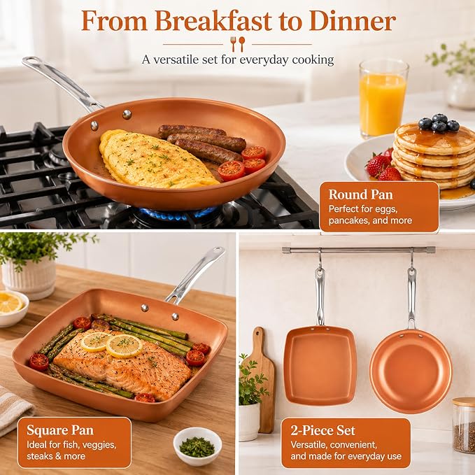Toutrop 2 Pcs Non-stick Copper Frying Pan Set, 10" & 9.5" Chef Skillet with Ceramic Coating, Oven Dishwasher Safe, PFOA-Free, Home Use for All Stoves,10" Round+9.5" Square