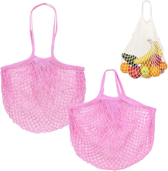 M METERXITY 2-Pack Cotton Mesh Bag, Reusable Washable Mesh Net String Grocery Bags, Reusable Produce Bags with Handle, Net Tote Bag for Fruits/Vegetables Shopping [Pink, Long&Short Handle]