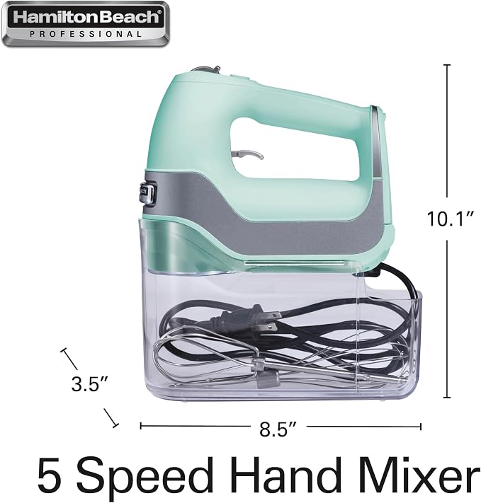 Hamilton Beach Professional 5-Speed Electric Hand Mixer with Snap-On Storage Case, QuickBurst, Stainless Steel Twisted Wire Beaters and Whisk, Mint (62658) | High-Performance DC Motor | Slow Start | Snap-On Storage Case | Stainless Steel Beaters & Whis...