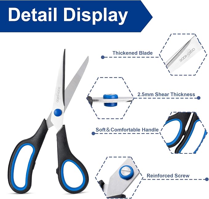 Scissors, BOOMIBOO 8" All Purpose 24 Pack - Comfort-Grip Scissors for Office Desk Accessories Sewing Fabric Home Craft School Supplies, Teacher/Class Supplies, Right/Left Handles
