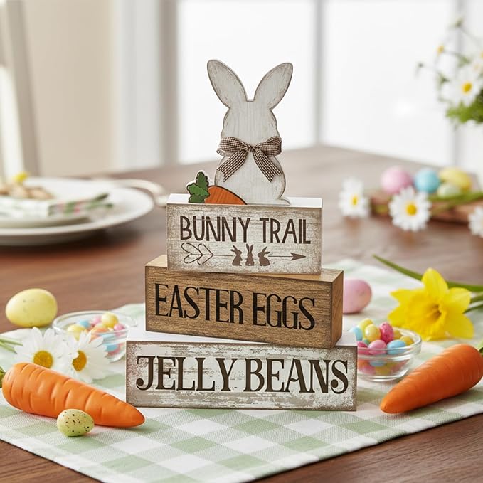 Lineshading 4 Pcs Wooden Easter Rabbit Block Signs Farmhouse Tiered Tray | Rustic Tabletop Signs for Tiered Tray, School Beach Theme Decor, Christmas Farmhouse Gift, Travel Wood Shelf Display
