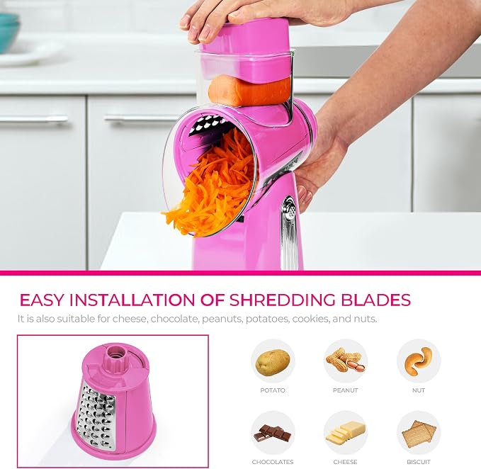 SUSTEAS Rotary Cheese Grater 5 Blades,Kitchen Mandoline Vegetable Slicer | Easy to Clean, Strong Suction Base, Blades Storage Box, Round Mandoline Slicer & Food Chopper for Cheese,Salad,Nut, Pink