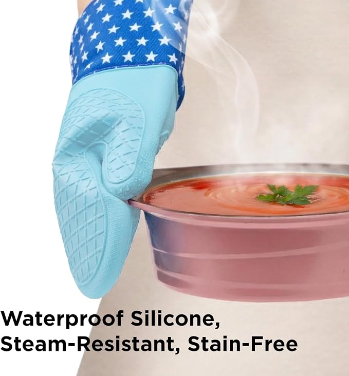Kitchen Mama UltraShield Silicone Oven Mitts, USA Flag | Heat Resistant, Non-Slip Surface, Waterproof, Flexible, Durable