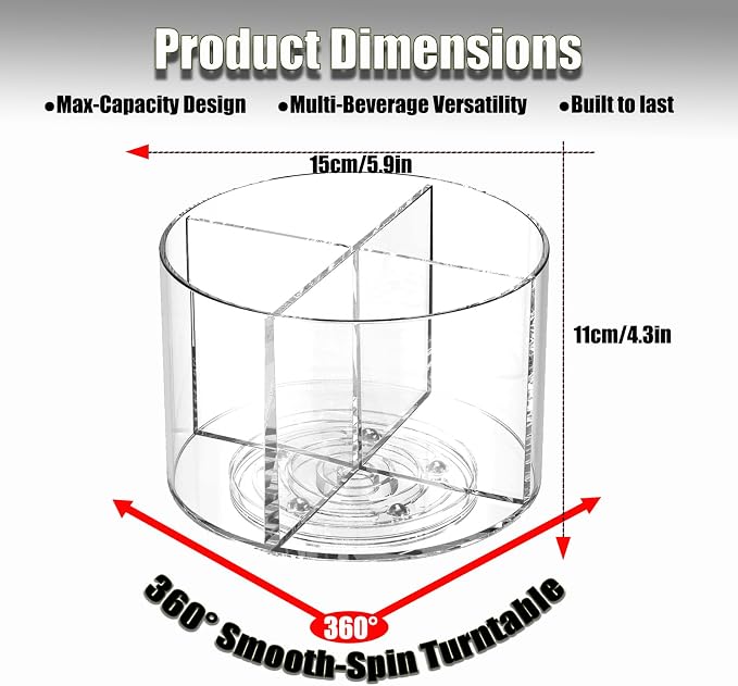 360° Spinning Drink Packet Organizer, Clear BPA-Free Plastic 4-Section Clear Storage for Coffee, Sugar & Drink Mixes | Stackable Kitchen & Pantry Container