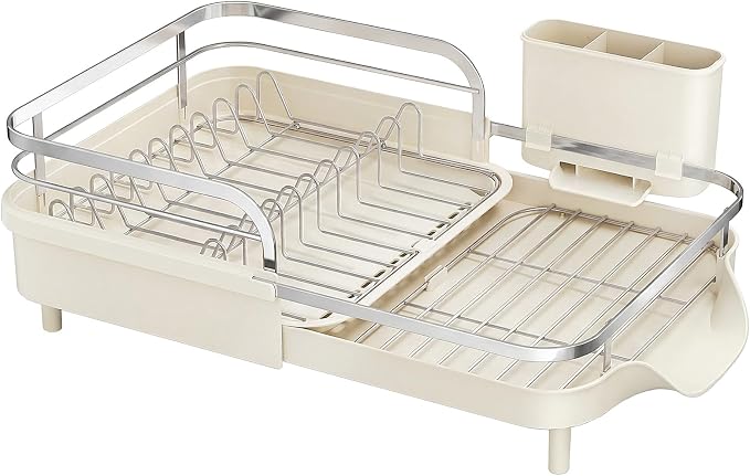 SAYZH Expandable Dish Drying Rack for Small Kitchen Counter, Beige | Stainless Steel, Protective Guardrail, Angled Drainboard, Fits High-Rim Sinks, Removable Utensil Holder