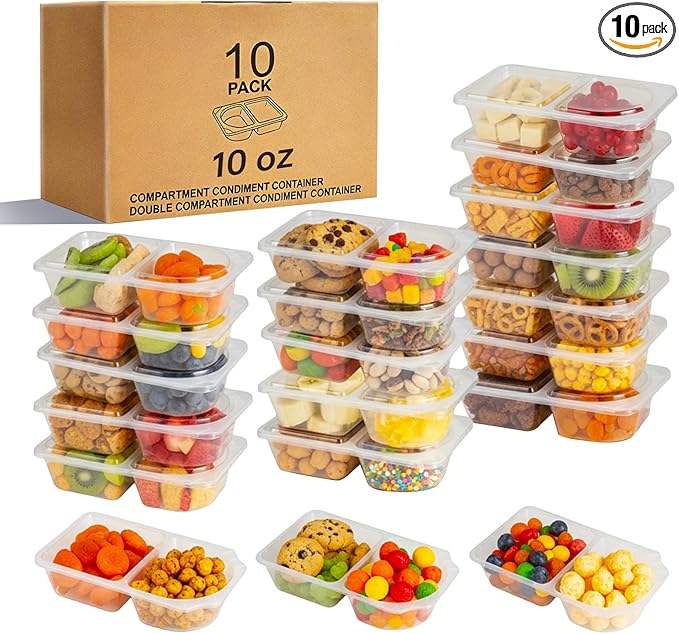 Reusable Snack Containers with Lids, Snack Containers, 10 Snack Packs Containers, meal prep containers Double Compartment, Container Portion Control for On the Go Travel Essentials