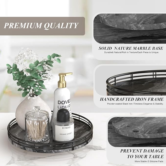 AMH 10-Inch Ancient Wood-Grain Marble Lazy Susan with Black Iron Frame | Smooth rotating oak tray with walnut finish for dining tables, kitchen counters, pantries and cabinet storage.
