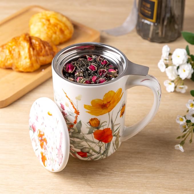 AmorArc Tea Cup With Infuser and Lid, 18oz Loose Leaf Tea Mug With Steeper | Porcelain Tea Mug With Infuser and Lid, Large Strainer Tea Cup with Lid for Tea, Coffee Mug for House-warming Birthday Gift