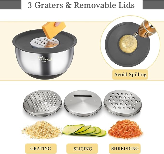 Wildone Mixing Bowls with Airtight Lids, Stainless Steel Mixing Bowls Set | Metal Bowls with 3 Grater Attachments & Non-Slip Bottoms, Size 5, 4, 3, 2,1.5, 0.63QT, Includes Utensil Set for Prep, Gray