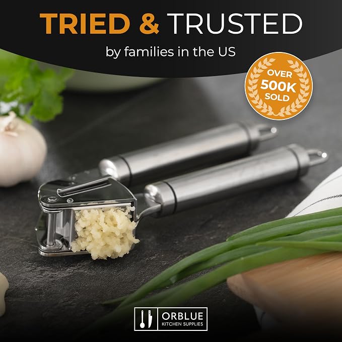 ORBLUE Garlic Press Stainless Steel - Premium Professional Grade Garlic Mincer, Crusher & Peeler Set - Easy Clean, Dishwasher Safe & Rust-proof
