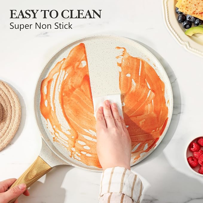 SENSARTE 12 Inch Nonstick Crepe Pan Ceramic Coating Pancake Pan White | Natural Ceramic Coating Dosa Pan Pancake Flat Skillet Tawa Griddle with Stay-Cool Handle, Induction Compatible