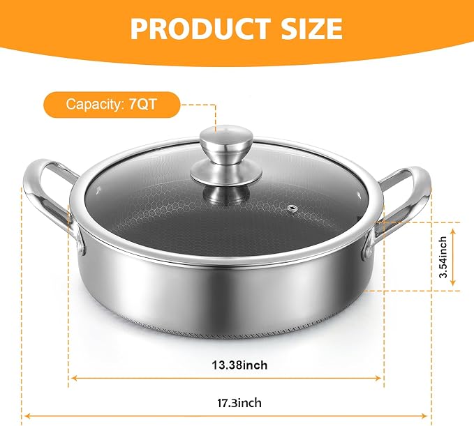 Toutrop Stainless Steel 7QT Saute Pan 14 Inch Deep Frying Pan with Lid Nonstick,Hybird Induction Cooking Pan,PFOA Free Cookware,Large Skillets