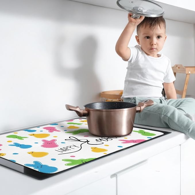 Happy Easter Glass Stove Top Covers for Electric Stove,Spring Rabbit Bunny Chick Polka Dots Heat Resistant Cooktop Protector Non-Slip Washable Dish Drying Mat Rug Pad for Kitchen Decor 28"x20"
