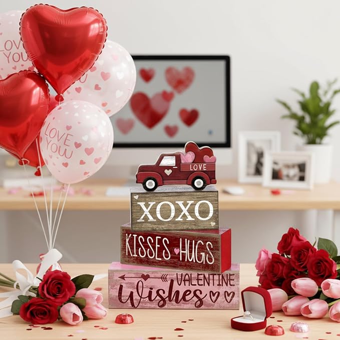 Lineshading 4 Pcs Valentine Signs, Farmhouse Truck Tiered Tray Decor | Wooden Blocks with XOXO Kisses Hugs Text, Rustic Red Truck Topper, Freestanding Tabletop Decor for Shelf Mantel Entry