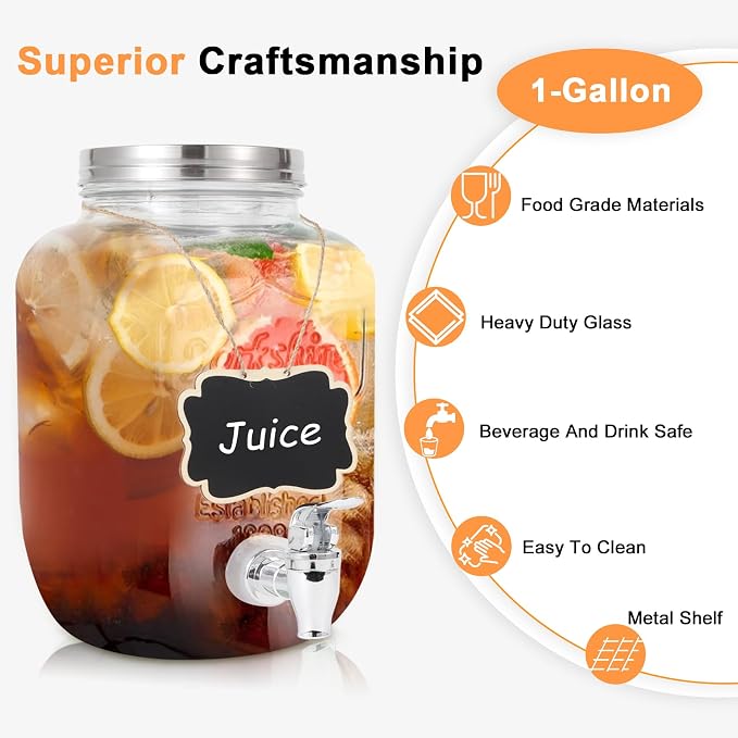 Drink Dispenser With Spigot,1 Gallon Glass Drink Dispensers For Parties,Beverage Dispenser with Fruit Infuser Sun Tea,Lemonade & Juice Dispenser for Parties, BBQ,Picnic,Weddings & Events
